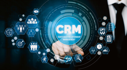 CRM Customer Relationship Management for business sales marketing system concept presented in futuristic graphic interface of service application to support CRM database analysis. uds