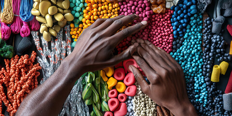 Haptic Connections: Hands arranging a diverse array of textured items, evoking a sense of touch and understanding