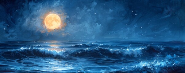 Fototapeta premium A painting of a moonlit ocean with a large, glowing moon in the sky