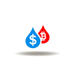 Vector illustration of drops with dollar and bitcoin currencies. Icon of recession. Symbol of banking finance crisis.