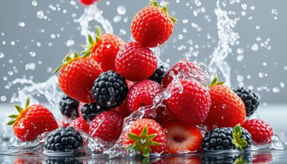 Fresh Berries Splashing in Water.