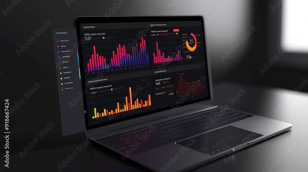 Poster a laptop with a dark screen displaying colorful charts and graphs.