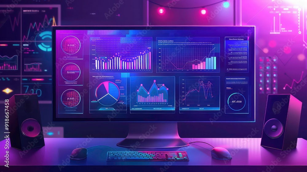Poster a man sits in front of six computer screens displaying various data, graphs and charts.