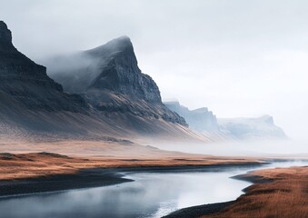 Misty Mountains and Serene River Landscape in Autumn Morning