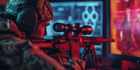 Digital Sniper: A hunter in camouflage gear, aiming a rifle scope at a computer screen displaying targets