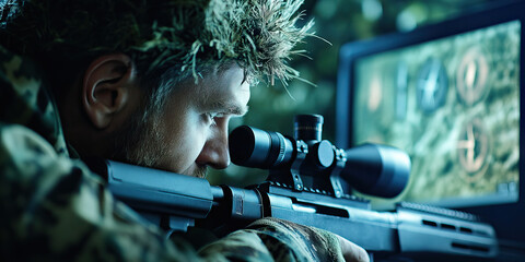 Digital Sniper: A hunter in camouflage gear, aiming a rifle scope at a computer screen displaying targets
