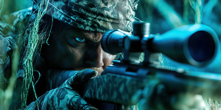 Digital Sniper: A hunter in camouflage gear, aiming a rifle scope at a computer screen displaying targets
