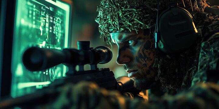 Digital Sniper: A hunter in camouflage gear, aiming a rifle scope at a computer screen displaying targets