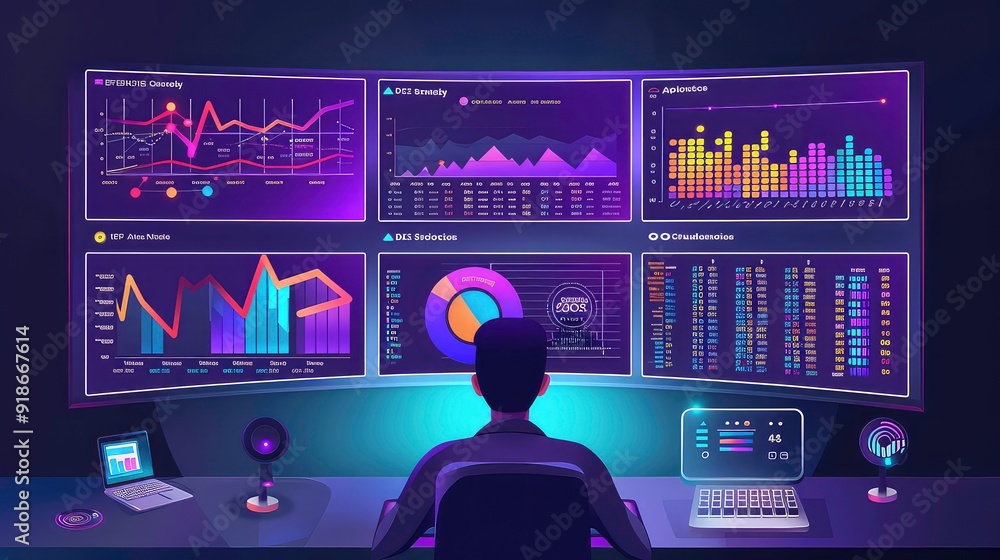 Poster a man sits in front of six computer screens displaying various data, graphs and charts.