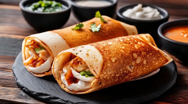 Traditional Russian food Blini. They are thin pancakes filled with sour cream, caramelized onions, and greens, presented on a stone platter with sauces in the background.