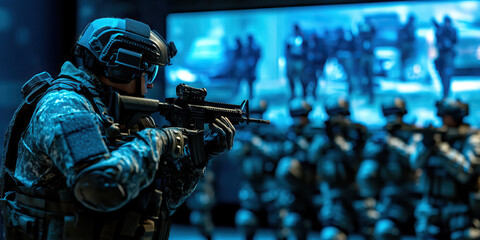 Digital storm front SWAT team briefs in front of a giant screen. Operation room.