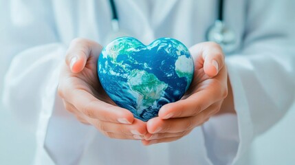 The doctor's hands gently hold the globe in the shape of a heart, symbolizing care for the health of mankind.