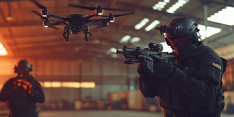 Digital Daredevils: SWAT team members practicing drone maneuvers in a warehouse