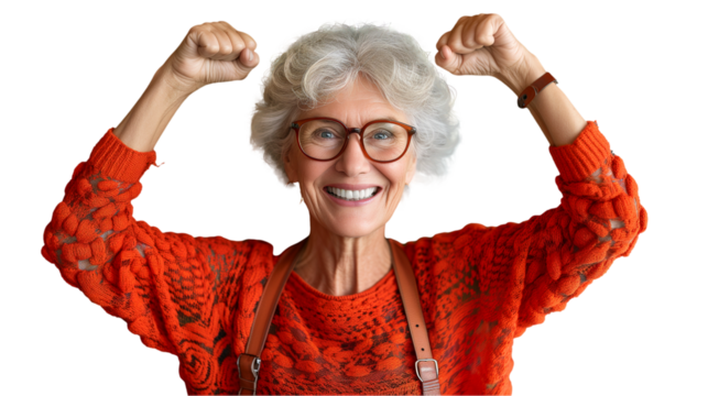Smiling senior woman in red sweater pumps fists