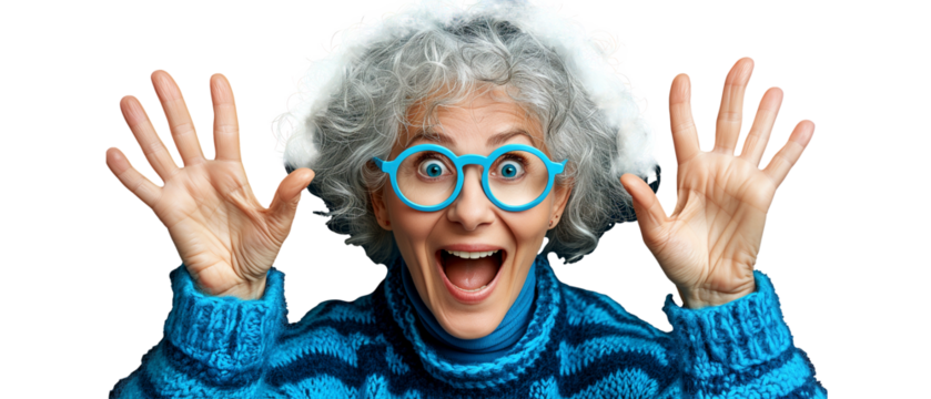 Energetic elderly woman jumping happily in vibrant sweater
