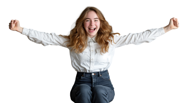 Energetic woman jumping with joy in a bright setting