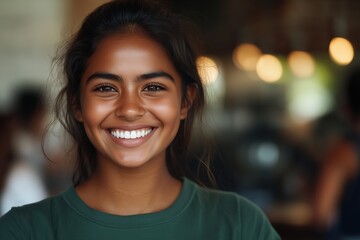 Obraz premium Smiling young Indian woman in a casual green shirt, standing in a bustling coffee shop, natural lighting