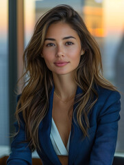 Fototapeta premium Confident Businesswoman in Navy Blazer Smiling at Sunset in Office