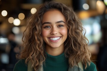 Obraz premium Smiling young African American woman with curly hair, standing in a lively coffee shop, warm lighting