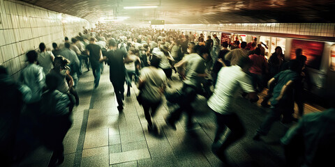 Desperate Dash for Safety: Panicked group of people running through a busy subway station