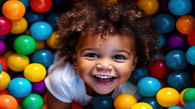 laughing child boy having fun in ball pit on birthday party in kids amusement park and indoor play center, laughing, playing with colorful balls in playground ball pool