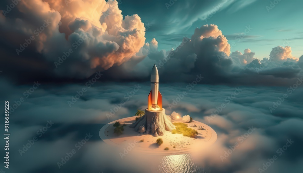 Poster rocket launch from a floating island.