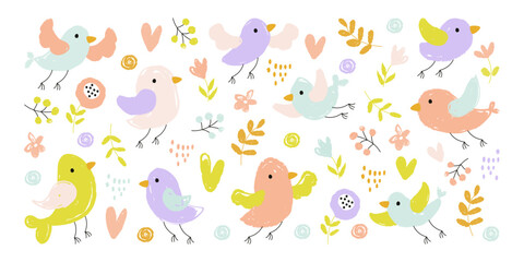 Cute birds and flowers colorful scribble sketch pencil drawn set in brush style vector illustration