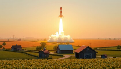 Obraz premium Rocket Launch Over Rural Landscape.