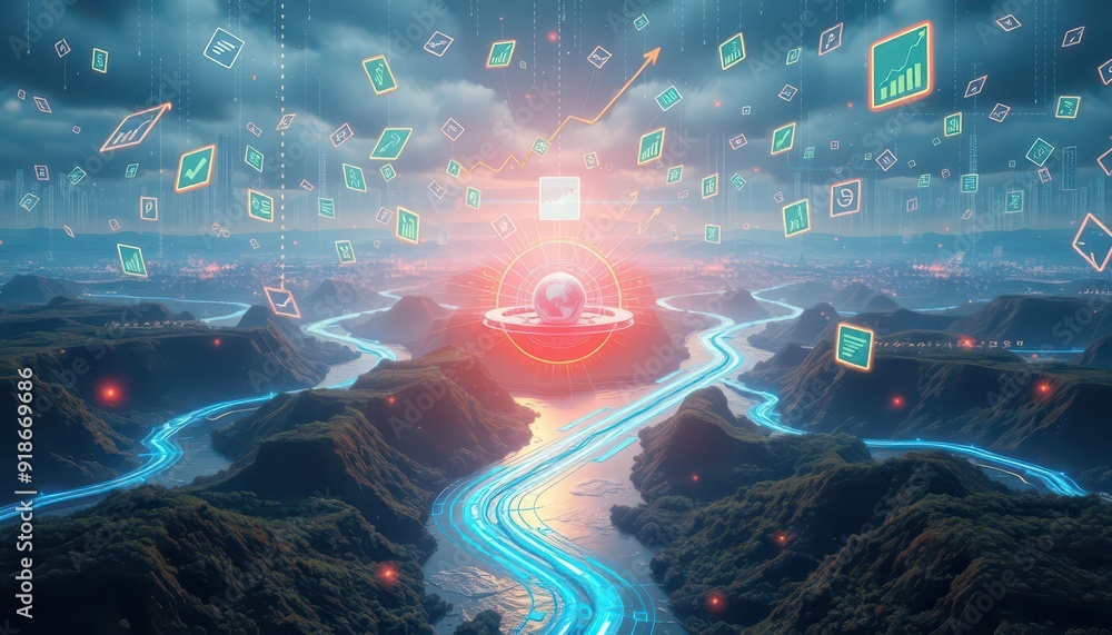 Poster futuristic landscape with data flow and rising arrow.