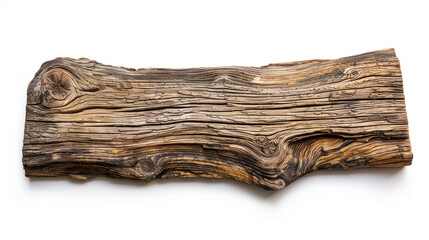Weathered wooden plank with visible grain patterns cut out on a white backdrop.