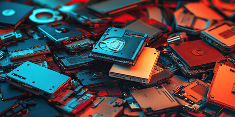 E-Waste Explosion: A wall of old electronics, including outdated computers, monitors and phones