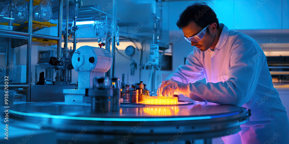Poster fusion's fatal dance: a scientist studying nuclear reactions in a high-security lab.