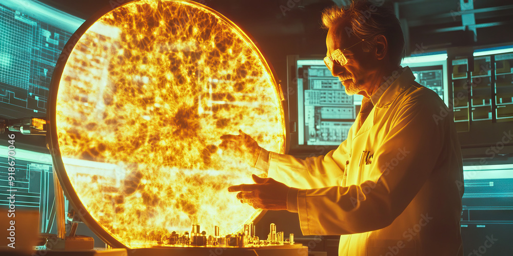 Poster fusion's fatal dance: a scientist studying nuclear reactions in a high-security lab.