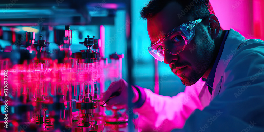 Poster fusion's fatal dance: a scientist studying nuclear reactions in a high-security lab.