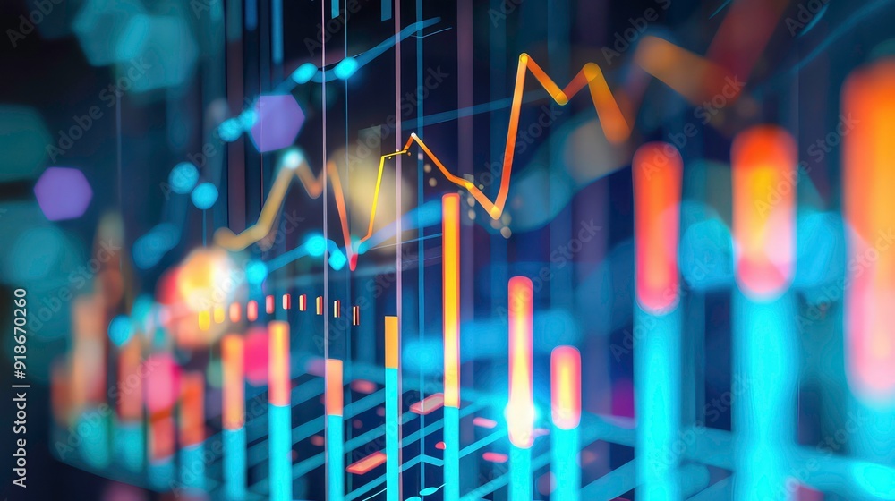 Poster close-up of a computer screen displaying colorful charts and graphs. the image is blurred and has a 