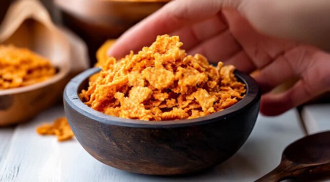 Traditional Indian food Chivda. The image shows a wooden bowl filled with crispy, golden-brown, fried flakes, typically made from flattened rice or corn, often spiced for flavor.