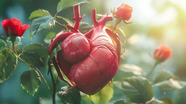 3D render of human's heart organ with roses in light grey background. Video footage copy space. World Heart Day.