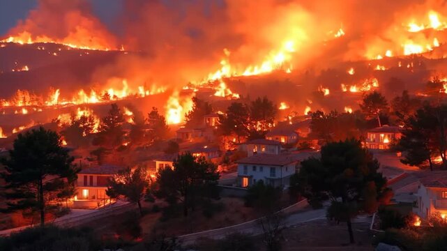 burning wildfire forest and town in the flame and smoke, scarry scenery, wildfire flame burning over town make severe damage area