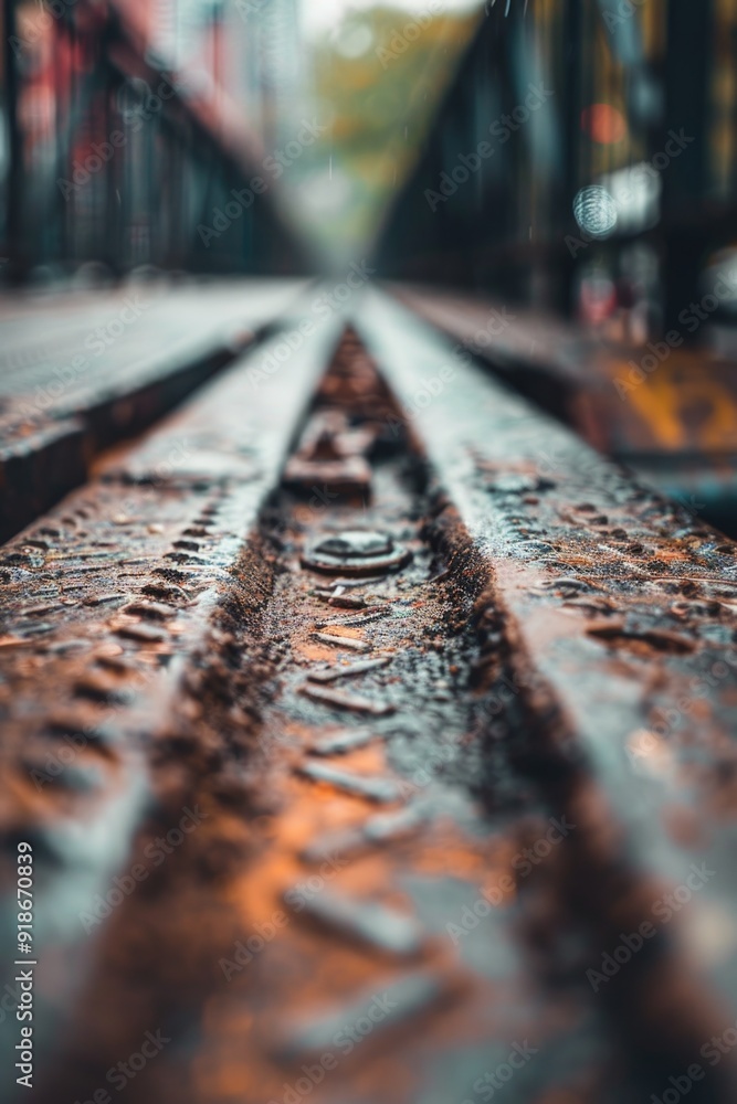 Poster a close-up view of a train track on a bridge, suitable for use in architectural or infrastructure-re