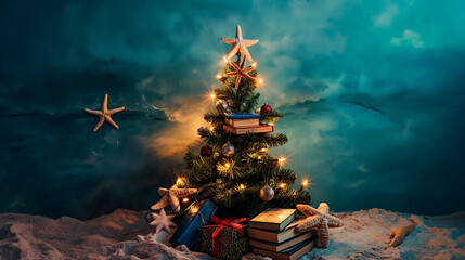 Themed Christmas Tree: A themed Christmas tree, such as a beach-themed or book-themed tree, Christmas tree, with copy space