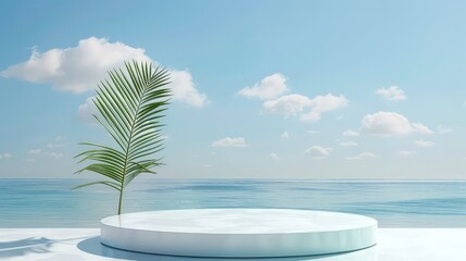 Fototapeta premium A white circular pedestal sits on a white surface, with a single palm frond against a blue sky with white clouds and a shimmering blue water background.