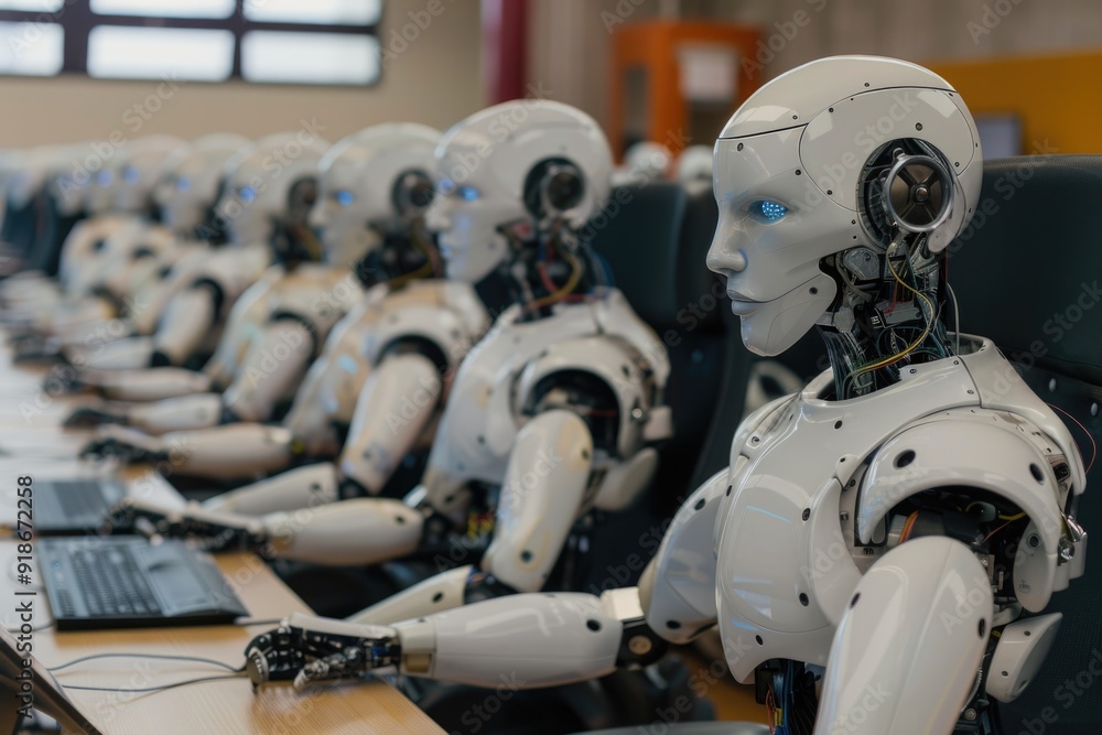 Aufkleber row of robots working on computer terminals