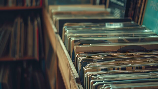 A close-up shot of a stack of vinyl records in a record store, with the covers facing out, revealing a glimpse of the s and artists.