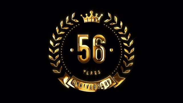 56th Anniversary Celebration. Happy 56 Years Anniversary Animation in Gold Color on the Transparent Background, Alpha Channel. Great for greetings, celebrations, events, and gifts.