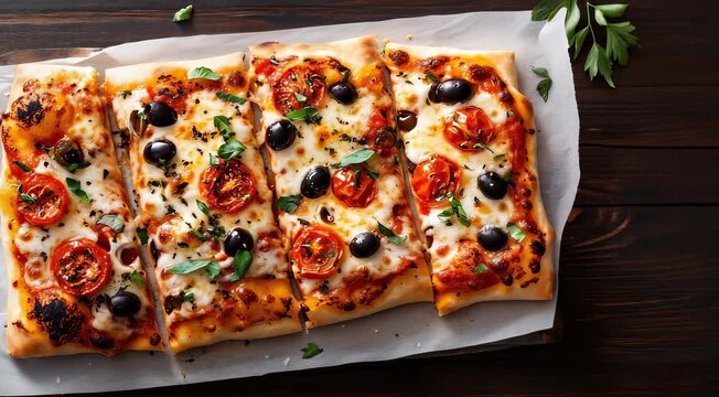 Traditional Italian food Pizza al Taglio. Square slices topped with melted cheese, cherry tomatoes, black olives, and fresh basil on a wooden surface.