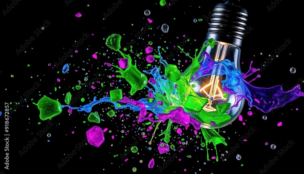 Aufkleber light bulb exploding with colorful paint.