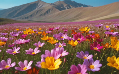 Obraz premium Photo of a field of colorful flowers with mountains in the background.