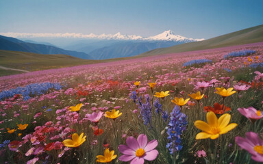 Fototapeta premium Photo of a field of colorful flowers with mountains in the background.