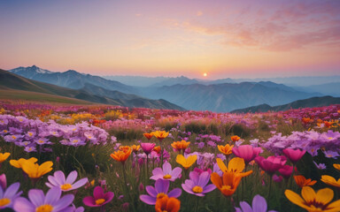 Fototapeta premium Photo of a field of colorful flowers with mountains in the background.