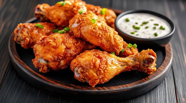 Traditional American food Fried Chicken Drumsticks: crispy, golden-brown fried chicken drumsticks served on a wooden plate, garnished with chives, accompanied by a bowl of dipping sauce.
